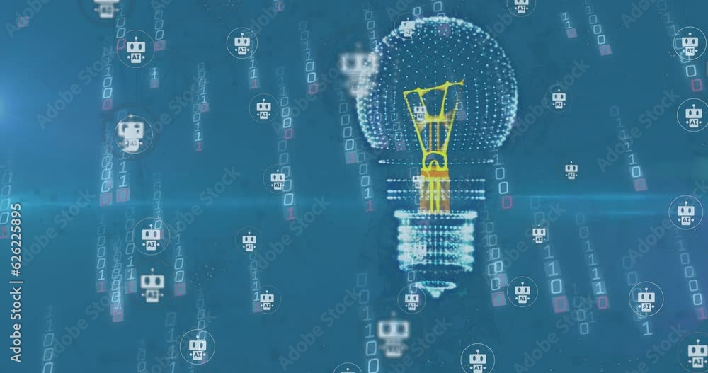 Aufkleber animation of 3d light bulb over robot icons against falling binary codes on blue background
