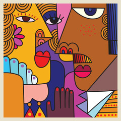Decorative abstract face, couple of person figure hand drawn vector illustration, Line art, cubism, shape colorful art design.