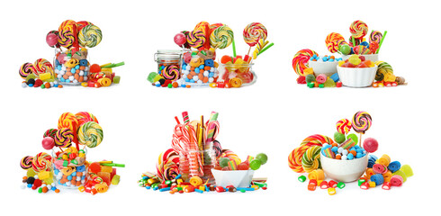 Collage with different sweet candies isolated on white