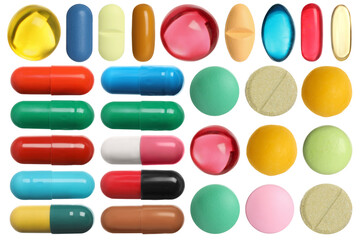 Set of different pills isolated on white