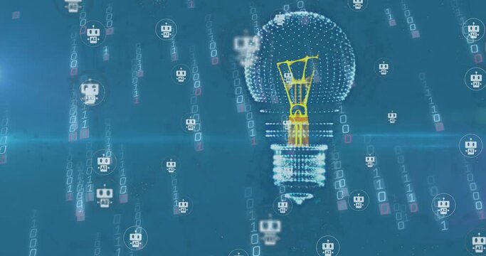 Animation of 3d light bulb over robot icons against falling binary codes on blue background