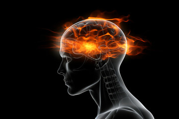 Obraz premium Illustration of a Glass Head with a Brain in Flames as a Symbol of Migraine or Headache AI generated