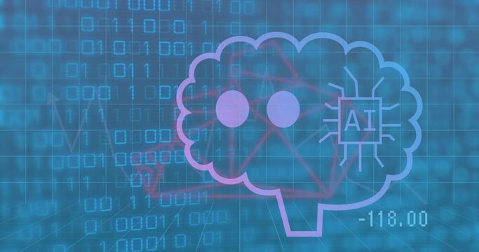 Animation of ai text in animated brain over looping binary codes against abstract background
