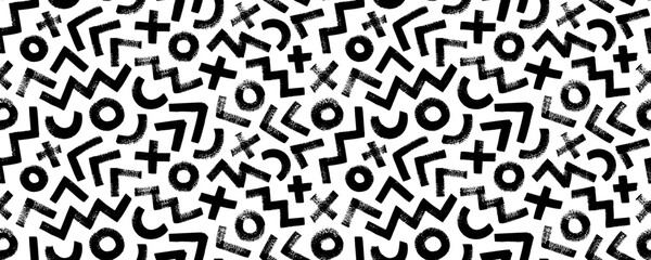 Geometric shapes seamless pattern in Memphis style. Modern banner with bold brush drawn shapes. Abstract fashion trendy vector texture with hand drawn zigzag lines, circles, crosses and triangles.