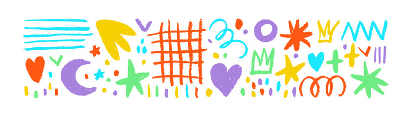 Collection fun doodle shapes drawn with colorful charcoal or chalk. Hand drawn childish style multi colored figures: crowns, grid, dots, squiggles and stars. Set of marker scribbles and fairy shapes. © Anastasiia Hevko