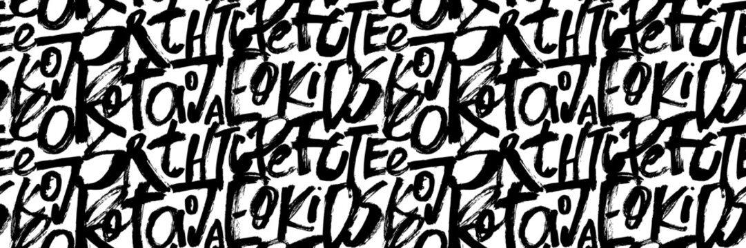 Grunge alphabet letters seamless pattern. Brush drawn graffiti style letters, typography background. Abstract seamless chaotic calligraphy pattern. Modern brush calligraphy, street art background.