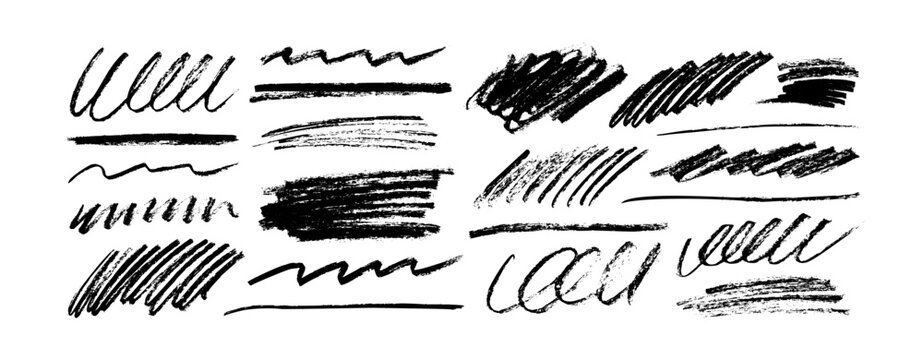 Charcoal pencil curly lines and squiggles. Scribble brush strokes vector set. Hand drawn marker lines with rough edges. Grunge smears and strikethrough set. Simple shapes drawn with crayon.