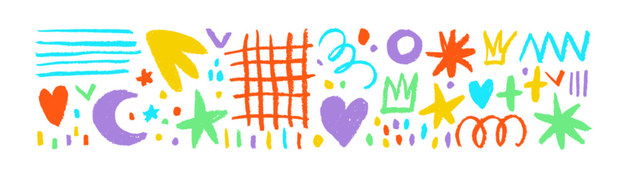 Collection fun doodle shapes drawn with colorful charcoal or chalk. Hand drawn childish style multi colored figures: crowns, grid, dots, squiggles and stars. Set of marker scribbles and fairy shapes.