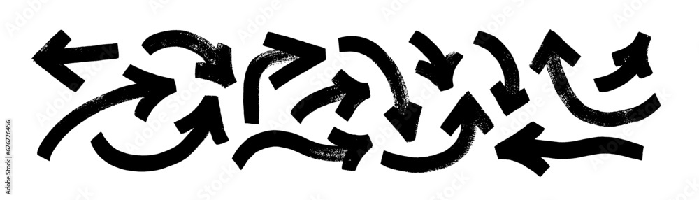 Poster various bold brush drawn curved arrows. collection doodle marker thick arrows in different direction