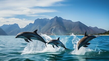 a group of dolphins jumping out of the water