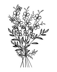  Bouquet of flowers. Black and white stencil.  Contour ornament as a tattoo. Vector. Hand drawing. Can be used for background, catalog, postcard