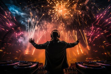 DJ Performing On Stage With Fireworks in the Background. Summer Festival, DJ Music Set, New Year Holiday. Generative AI Technology