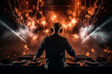 DJ Performing On Stage With Fireworks in the Background. Summer Festival, DJ Music Set, New Year Holiday. Generative AI Technology