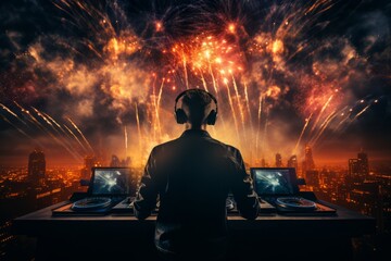 DJ Performing On Stage With Fireworks in the Background. Summer Festival, DJ Music Set, New Year Holiday. Generative AI Technology