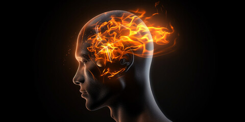 Obraz premium Illustration of a Glass Head with a Brain in Flames as a Symbol of Migraine or Headache AI generated