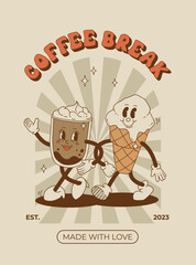 Retro poster with cute cartoon characters of coffee takeaway and pastries donut, chocolate chip cookie, ice cream and cupcake. Desserts food and drink in retro groovy style