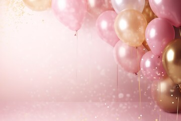 Pink and golden balloons with confetti on pastel pink background with copy space