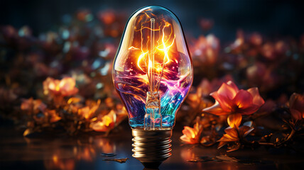 Gleaming Concepts: A Vivid Neon Light Bulb Illuminates the Realm of Innovation and Ideas - Powered by Adobe