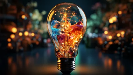 Fotobehang Shining Ideas: A Neon-Lit Light Bulb Breaks Through the Darkness of Conventional Thinking © HelgaQ