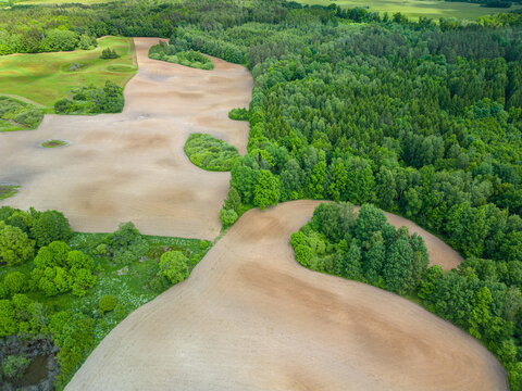 Warmia's mosaic landscape with farmland and forest, Poland