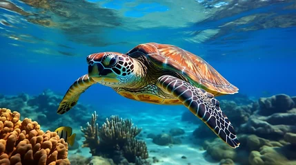 Fototapeten a turtle swimming in the water © KWY