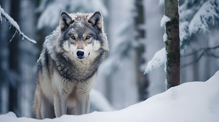 a wolf standing in the snow - obrazy, fototapety, plakaty