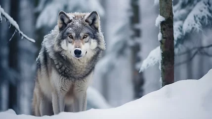 Foto op Plexiglas a wolf standing in the snow © KWY
