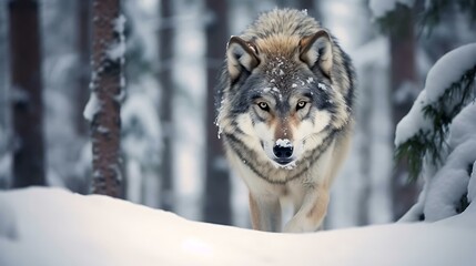 a wolf walking through snow