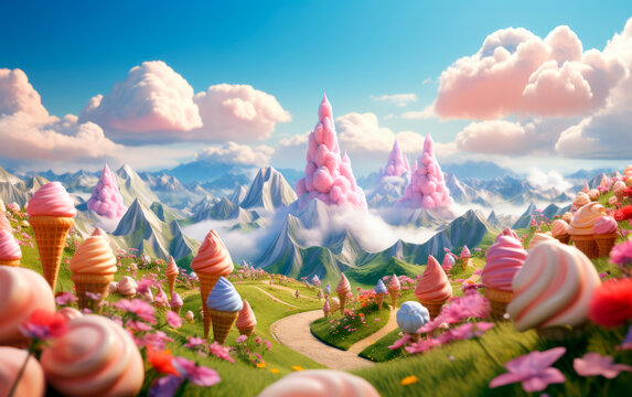Cute 3D landscape image of colorful field with blue sky, candy trees and ice cream mountains. Sweet summer food concept. Funny 3D design of a candy land.