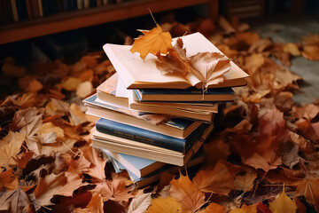 Naklejka na ściany i meble A stack of books on autumn foliage agnst the backdrop of sunlight in autumn time.