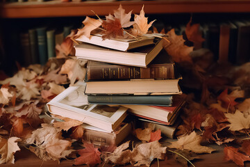 A stack of books on autumn foliage agnst the backdrop of sunlight in autumn time.