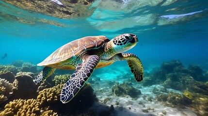 Obraz premium a turtle swimming underwater