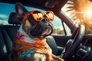Dog Enjoying A Car Ride With Sunglasses. Summer vacation with dog, road trip. Dog Traveling. Generative AI Technology