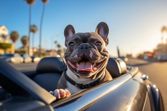 Dog Enjoying A Car Ride With Sunglasses. Summer vacation with dog, road trip. Dog Traveling on a cabro, coupe car. Generative AI Technology
