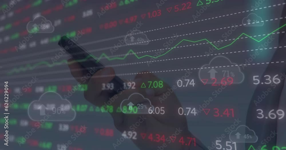 Poster animation of financial data processing over caucasian man using smartphone