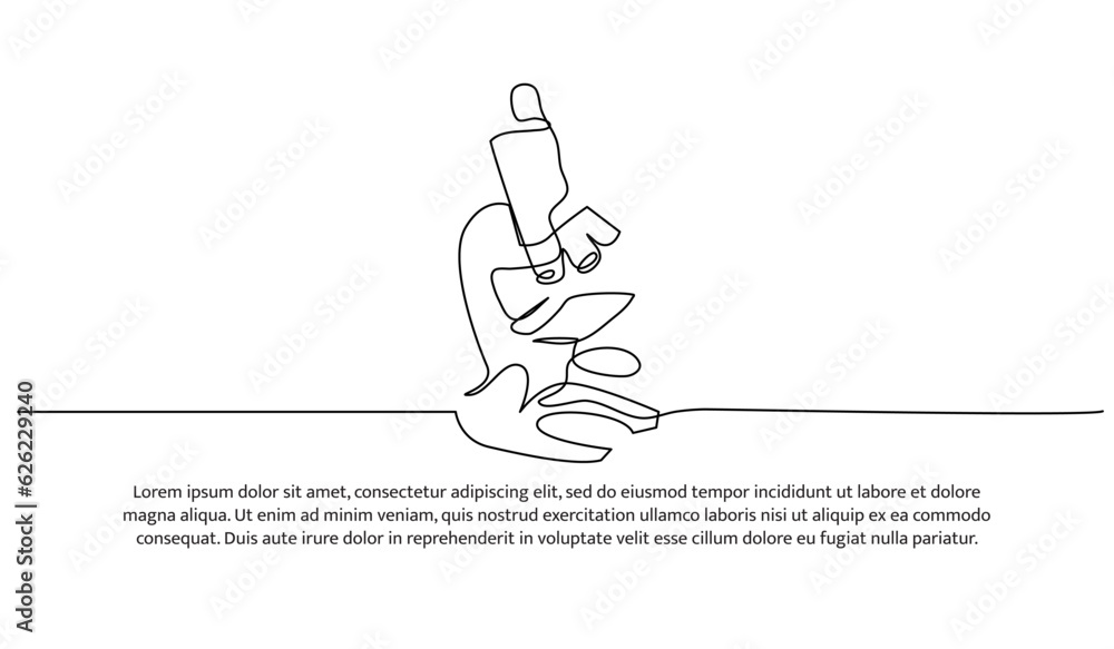 Poster microscope one continuous line design. decorative elements drawn on a white background.