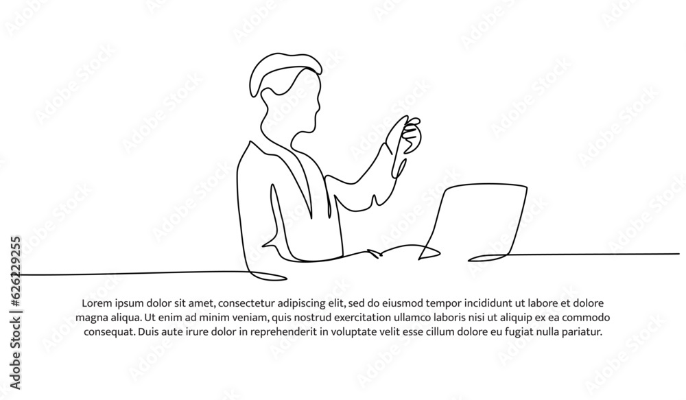 Poster continuous line design of the man doing lab testing. decorative elements are drawn on a white backgr