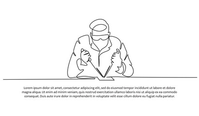 Continuous line design of the man doing lab testing. Decorative elements are drawn on a white background.
