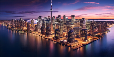 Fototapeta premium Cityscape at Night: A stunning view of a metropolitan skyline illuminated by city lights. Generative ai.