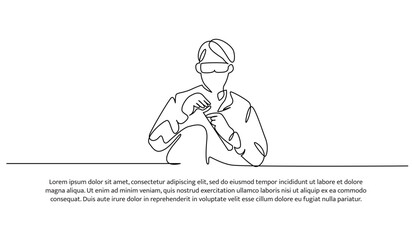 Continuous line design of the man doing lab testing. Decorative elements are drawn on a white background.