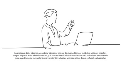 Continuous line design of the man doing lab testing. Decorative elements are drawn on a white background.