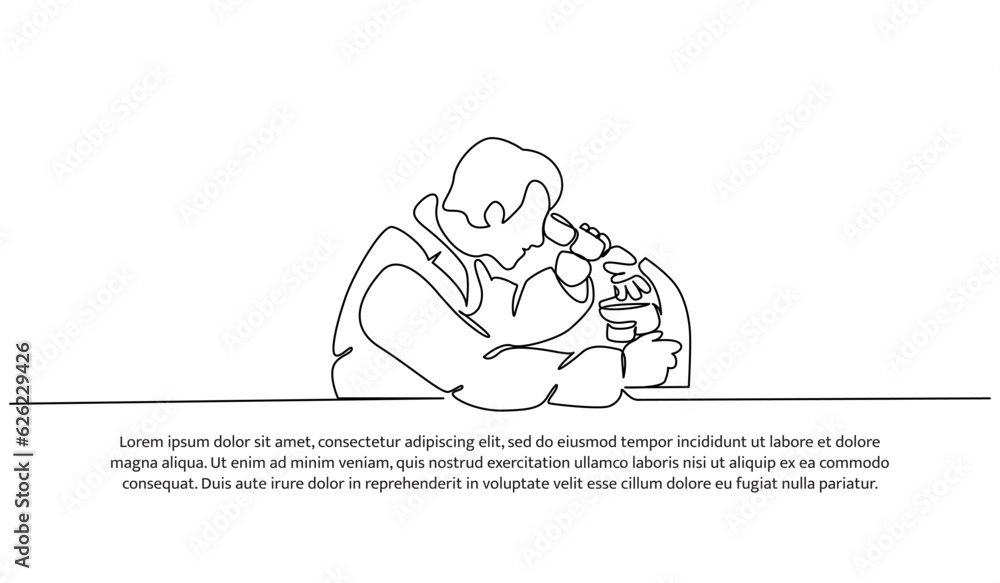 Poster continuous line design of the man doing lab testing. decorative elements are drawn on a white backgr
