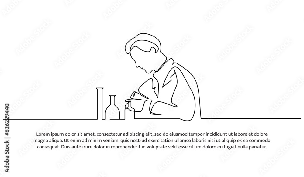 Poster continuous line design of the man doing lab testing. decorative elements are drawn on a white backgr