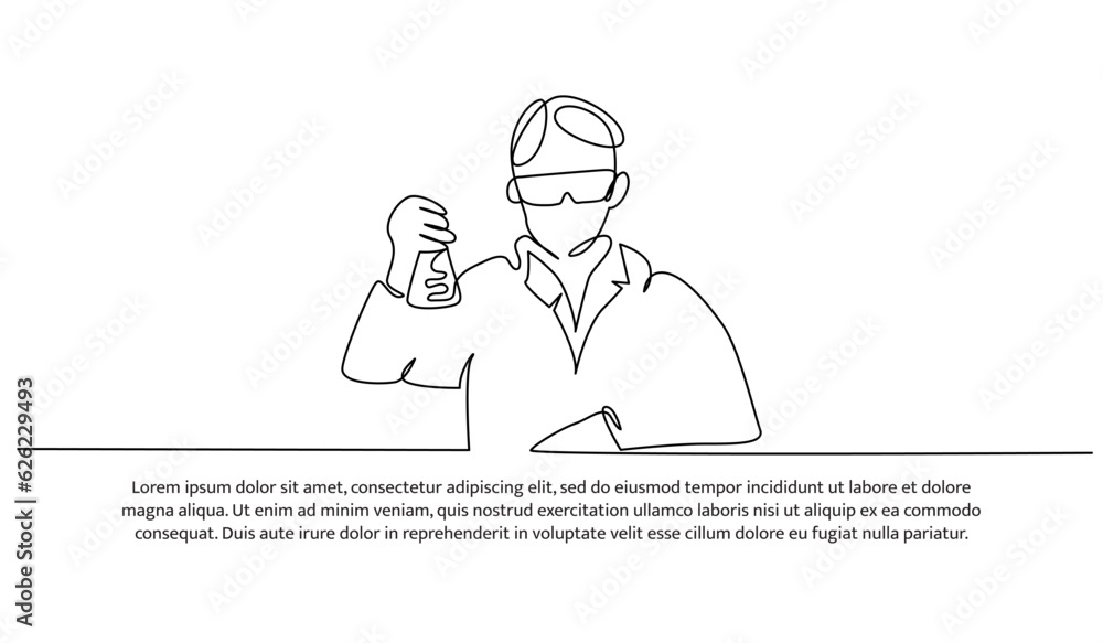 Poster continuous line design of the man doing lab testing. decorative elements are drawn on a white backgr