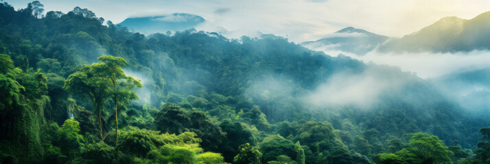 Mystical Jungle: Aerial View of Foggy Tropic Valley Landscape with Cloud-Covered Mountains. Wide misty panorama. Generative AI.