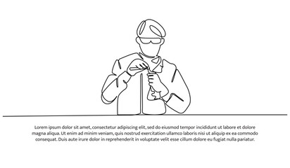 Continuous line design of the man doing lab testing. Decorative elements are drawn on a white background.
