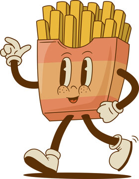 Naklejki Retro cartoon funny french fries characters. Vintage street food mascot vector illustration. Nostalgia 60s, 70s, 80s