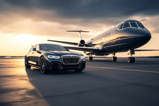 Business Class Experience: Luxury Car and Private Jet on the Runway. Business class shuttle service. Airport transfer. Generative AI.