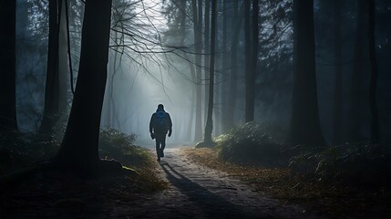 a person walking on a dirt path in a foggy forest