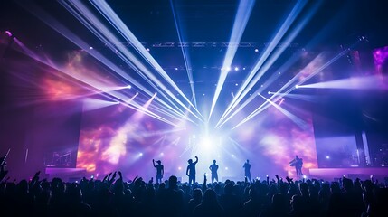 a group of people on a stage with a crowd watching